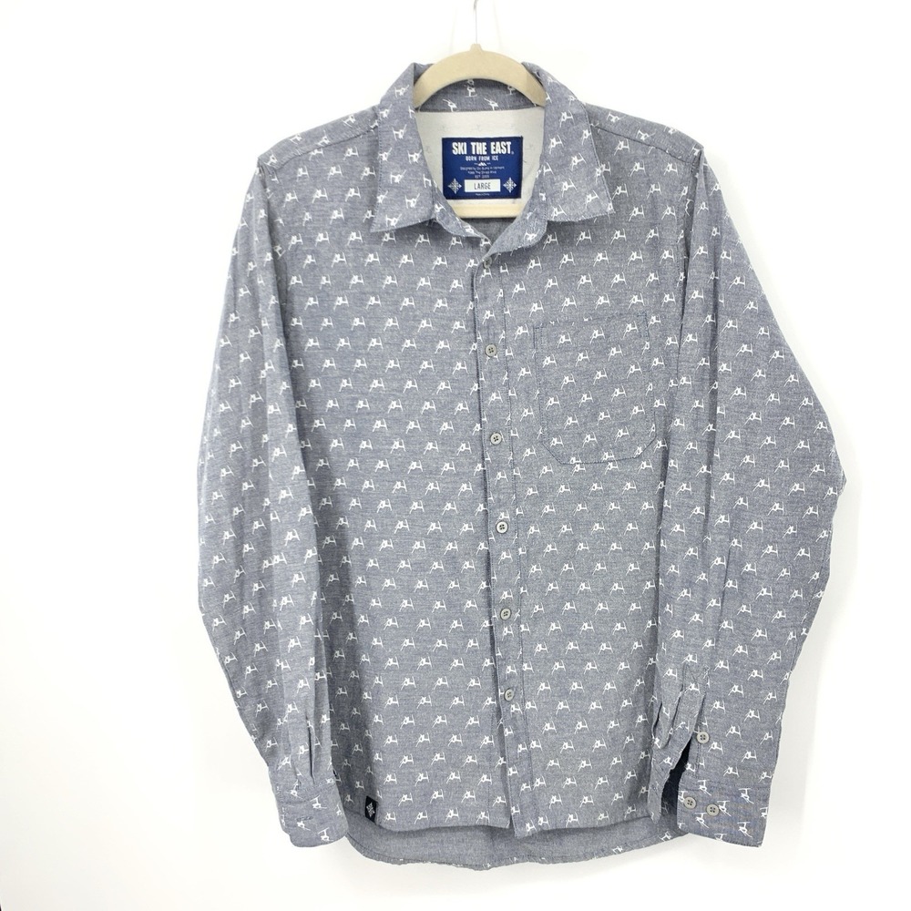 Ski The East Men‎ Size Large Shirt Button Down Top Blue White Ski Print Chambray